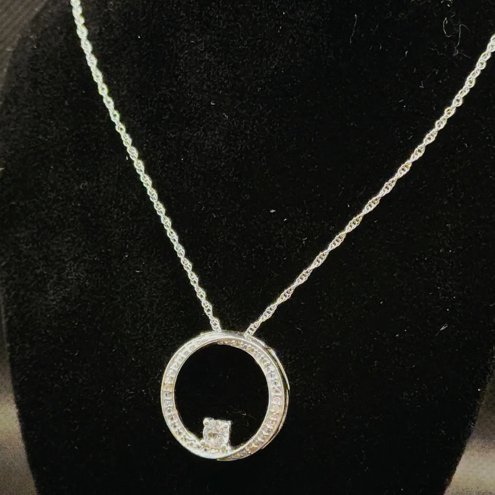 Sterling Silver White Sapphire And Natural Accent Diamond 16" Necklace VVS1 - Picture 3 of 4